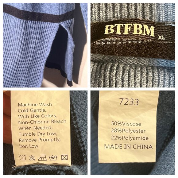BTFBM Striped Blue & Black Ribbed Knit Turtleneck Sweater XL Warm Oversized - Picture 11 of 16